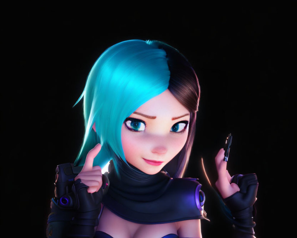 Character with Bright Blue Hair and Peace Sign Gesture