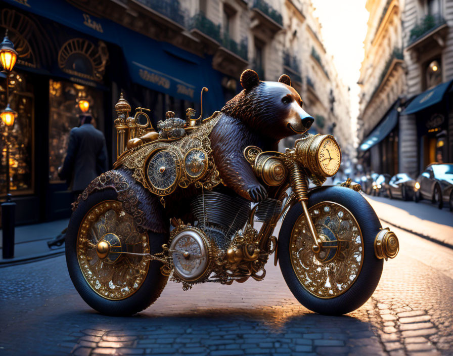 Steampunk-style motorcycle with bear rider parked on European city street