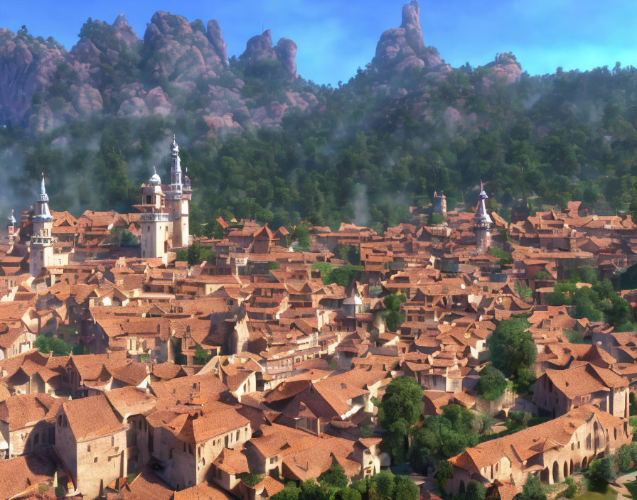 Scenic animated village with terracotta roofs in lush hills