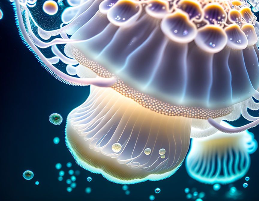 Vivid Bioluminescent Jellyfish Illustration in Dark Blue Ocean Environment