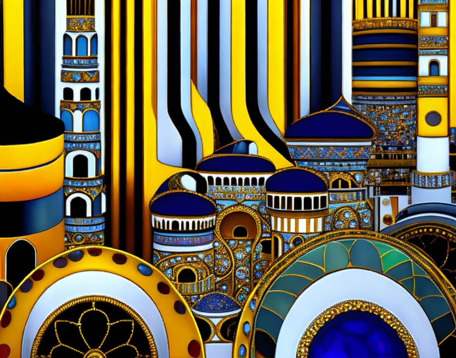 Abstract Digital Art: Geometric Patterns in Blue & Gold