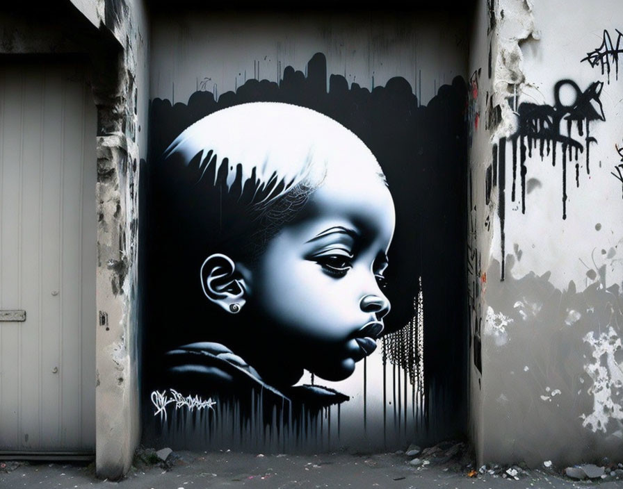 Monochromatic street art mural of a child's face against a dripping paint backdrop