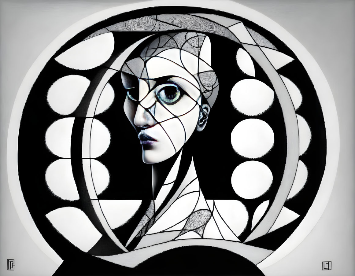 escher, woman. circles, black, white, geometry