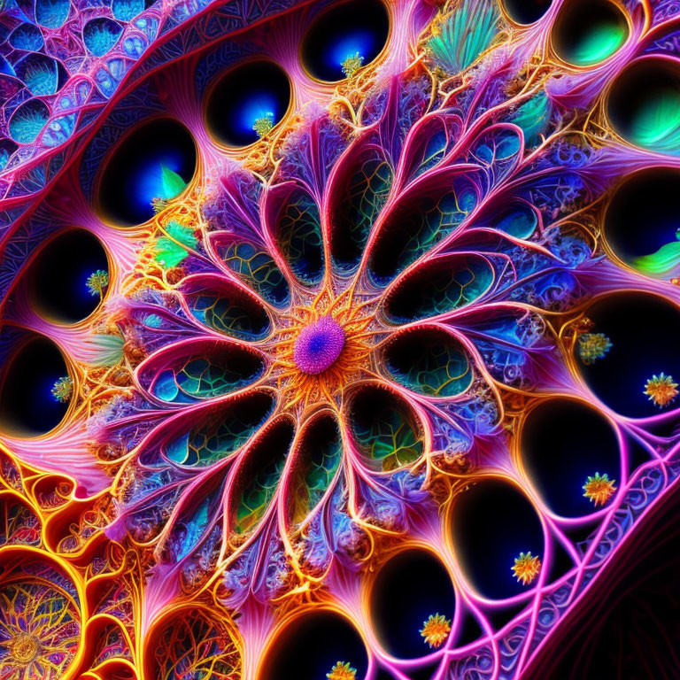 Colorful Fractal Pattern with Purple Node and Tubular Structures