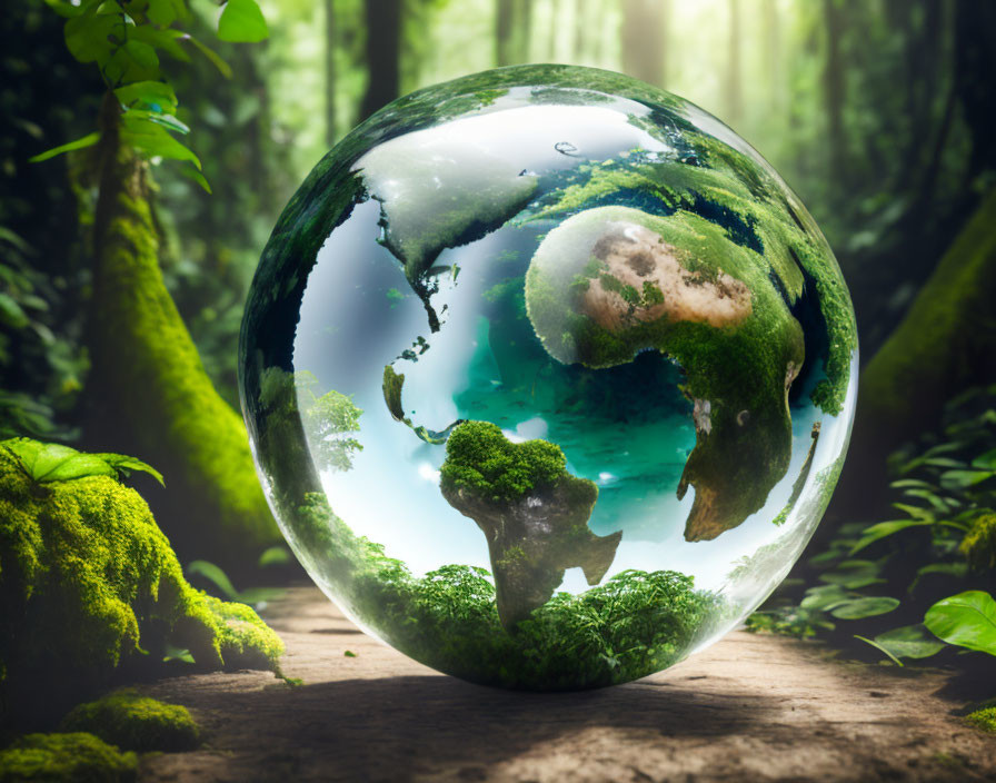 Earth in globe floating in lush rainforest