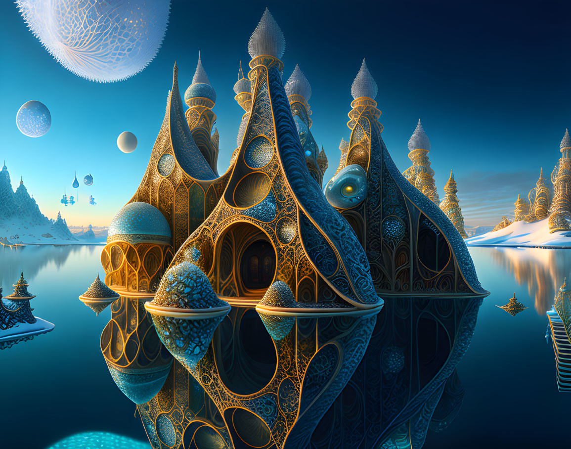 Fantastical digital artwork of surreal structures and floating orbs on icy landscape