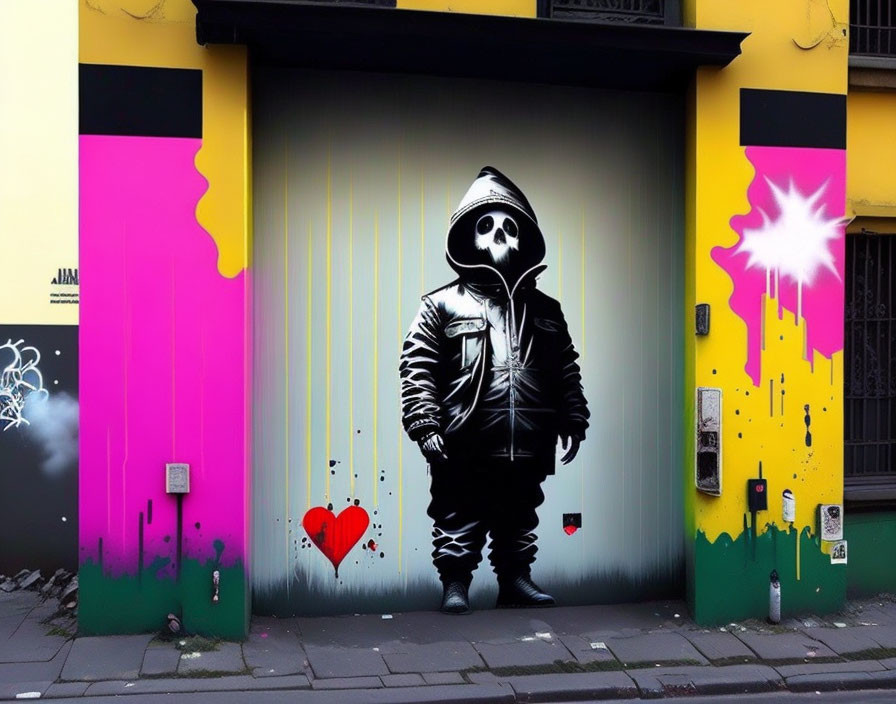 Child in hoodie and skull mask graffiti on vibrant garage door with red heart and star shapes