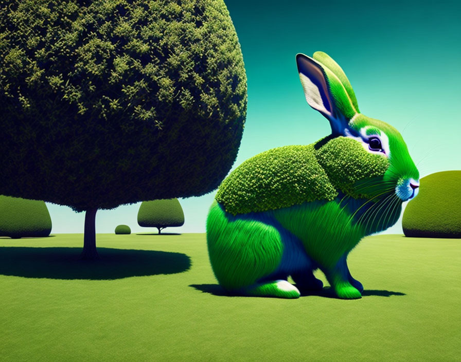Colorful illustration: Green rabbit with hedge-like fur in stylized landscape