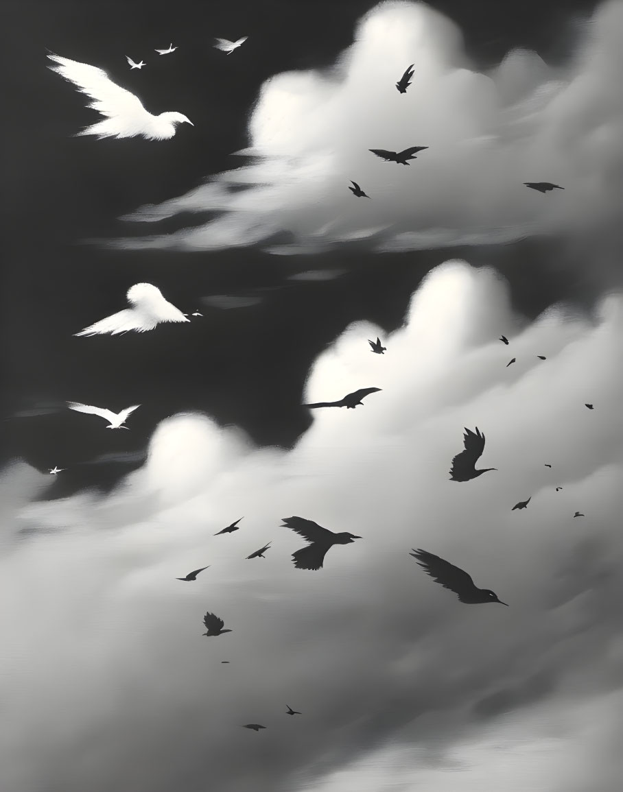 Small flying birds scattered in vaporous clouds, w