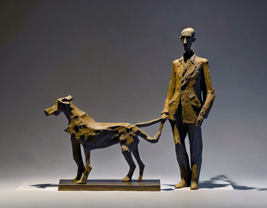 sculpture, man, woman, walking a dog, in the style