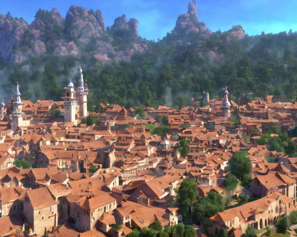 Scenic animated village with terracotta roofs in lush hills