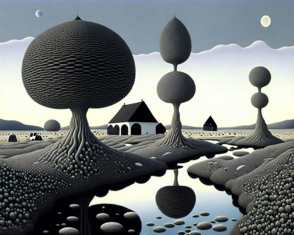 Surreal landscape with stylized trees, reflective water, houses under cloudy sky