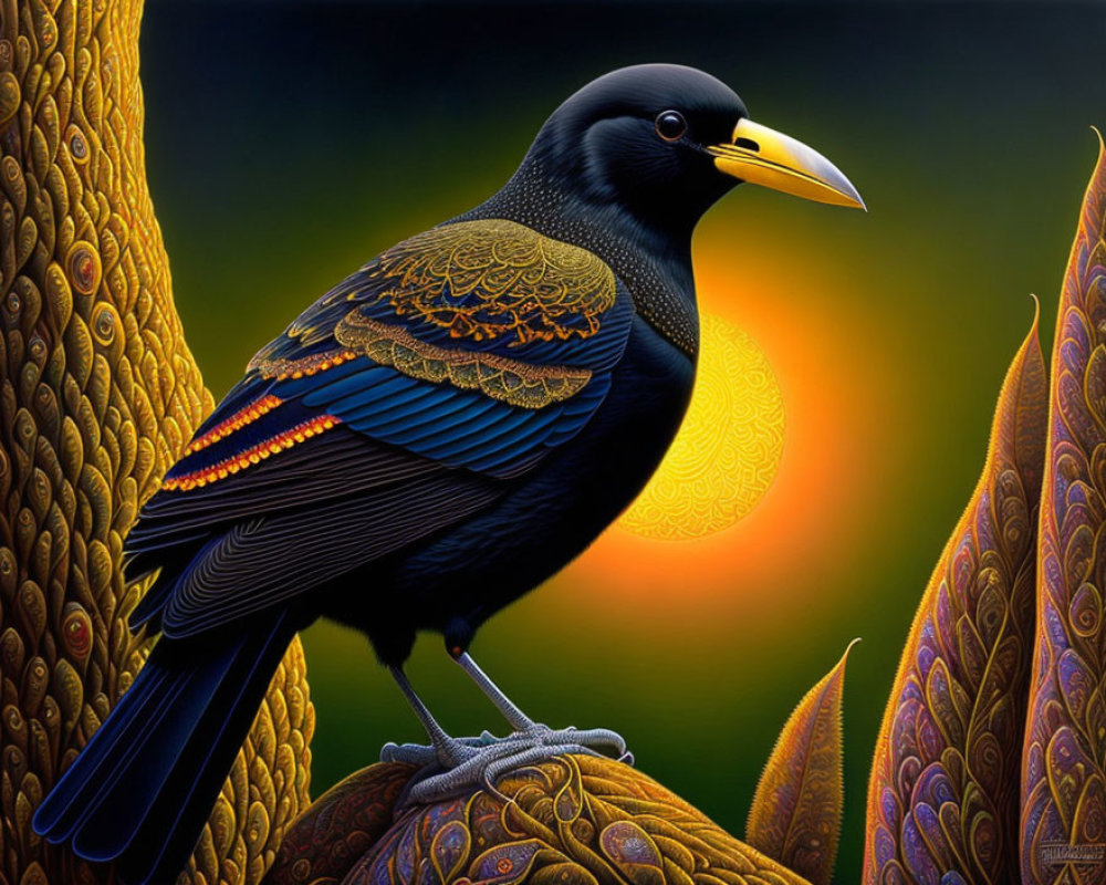 Colorful patterned black bird perched among foliage on orange backdrop