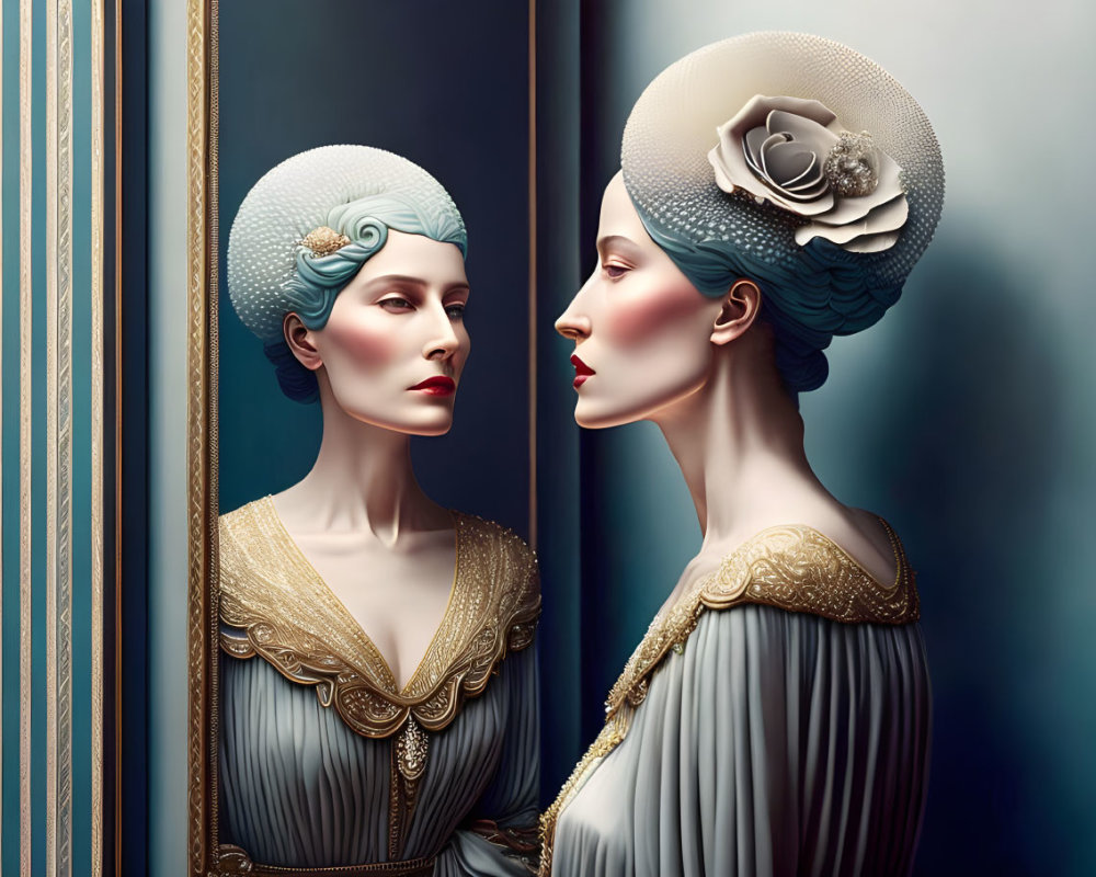 Vintage Attire Women in Elegant Hats Stylized Art Portrait