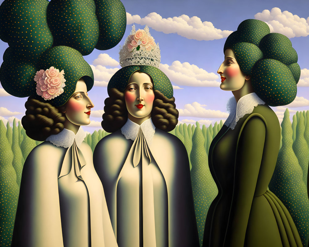Three women with tree-like hairstyles in a patterned landscape under a cloudy sky.