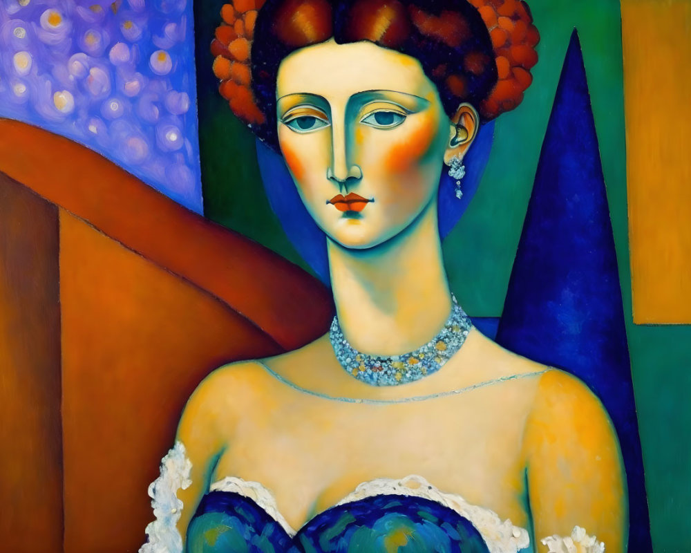 Colorful painting of stylized woman with solemn expression in vibrant blue, orange, and green shades,