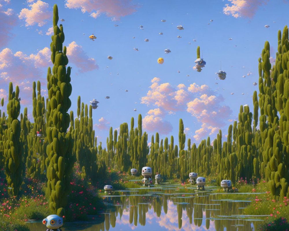 Tranquil landscape with blue sky, green trees, water, robots, and spacecraft.