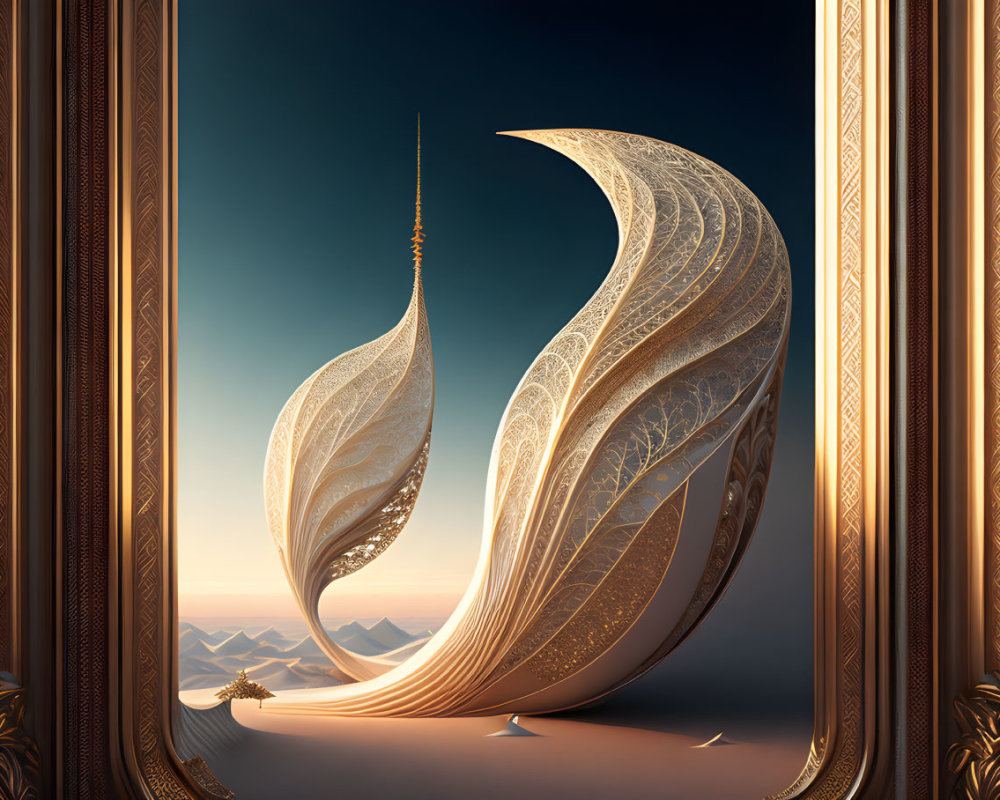 Intricate crescent structure in desert landscape with elegant frame.