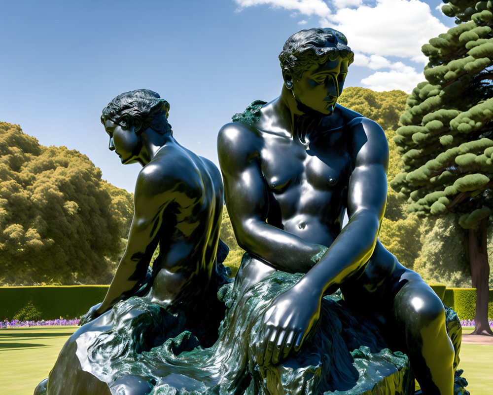 Glossy black statues of muscular men in serene park setting