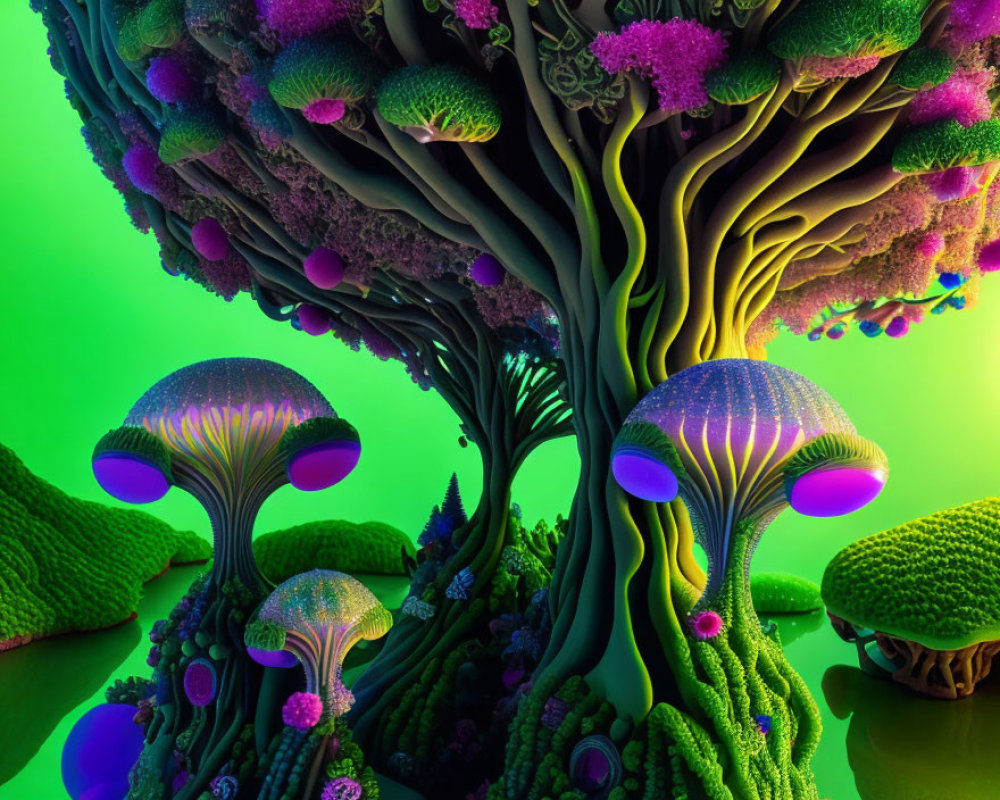 Colorful Digital Artwork: Fantastical Alien Landscape with Mushroom-like Trees
