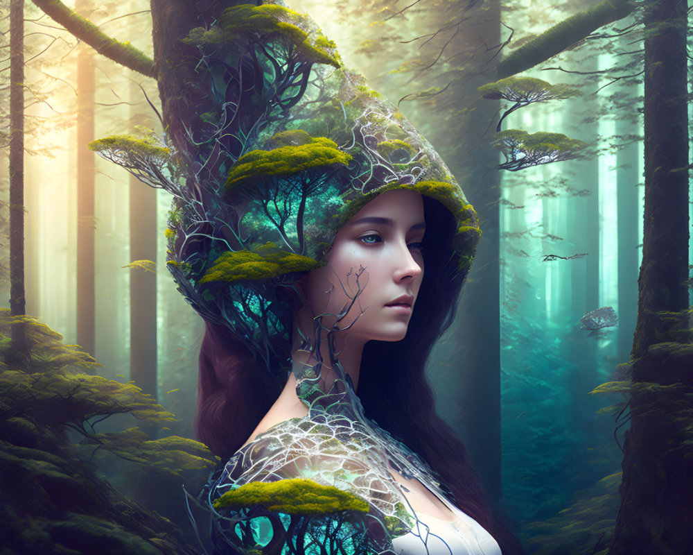 Woman blending with mystical forest, adorned with trees and moss