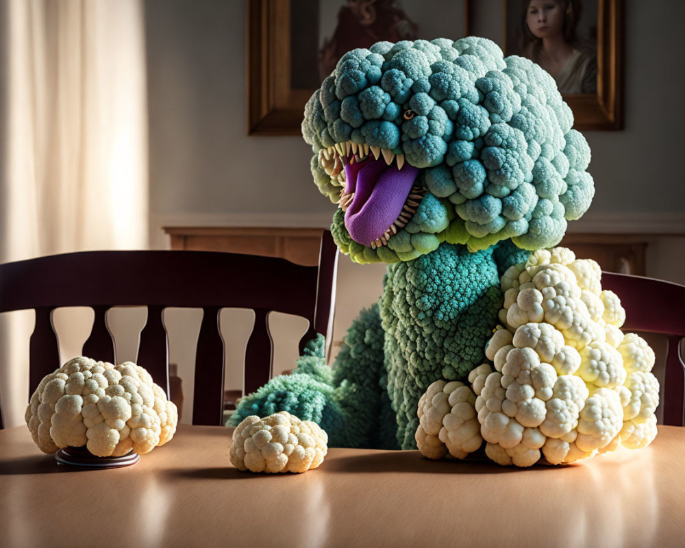 Vegetable monster with broccoli head and cauliflower body on dining table