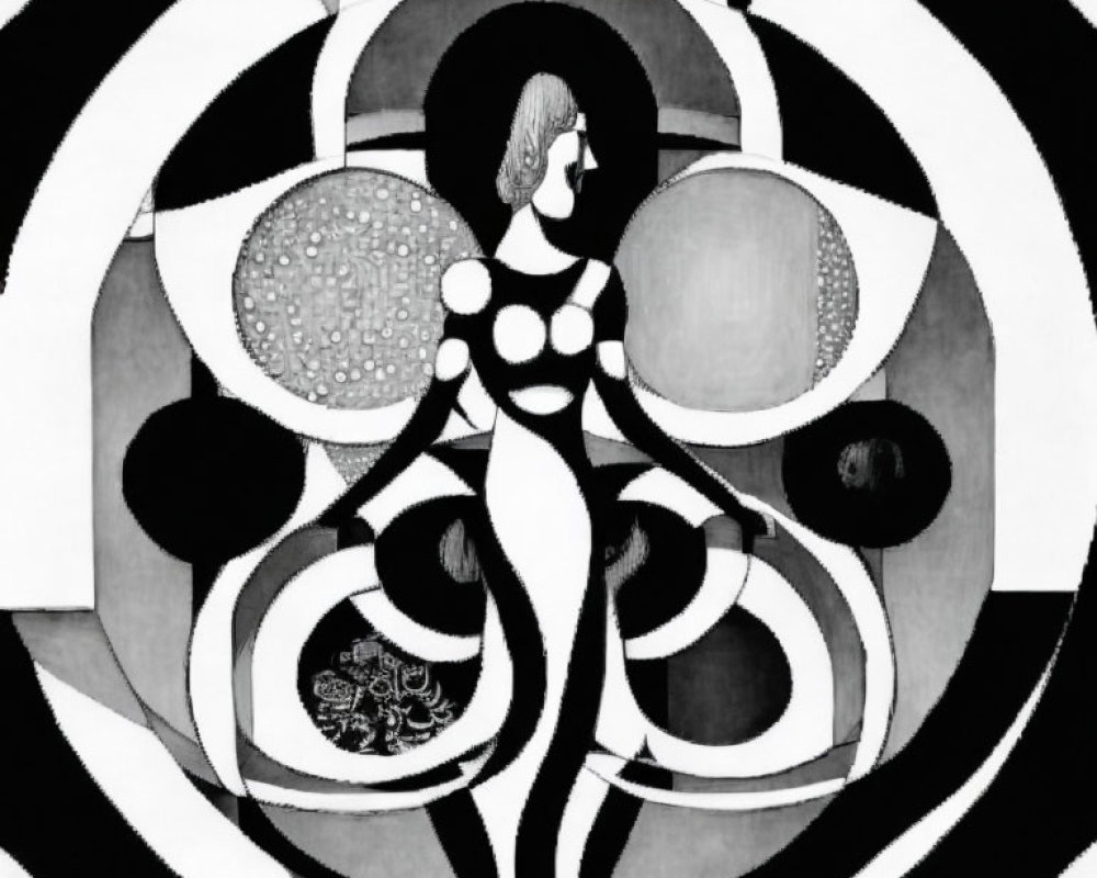 Monochrome abstract art: stylized woman in circular geometric background.