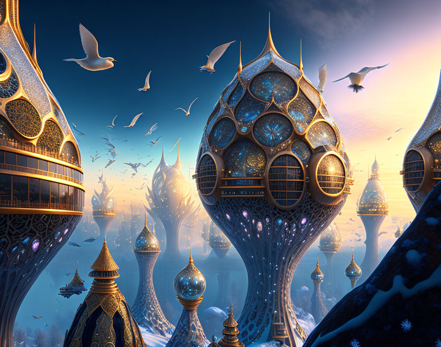 Ornate fantasy cityscape with onion-domed towers and flying birds at twilight