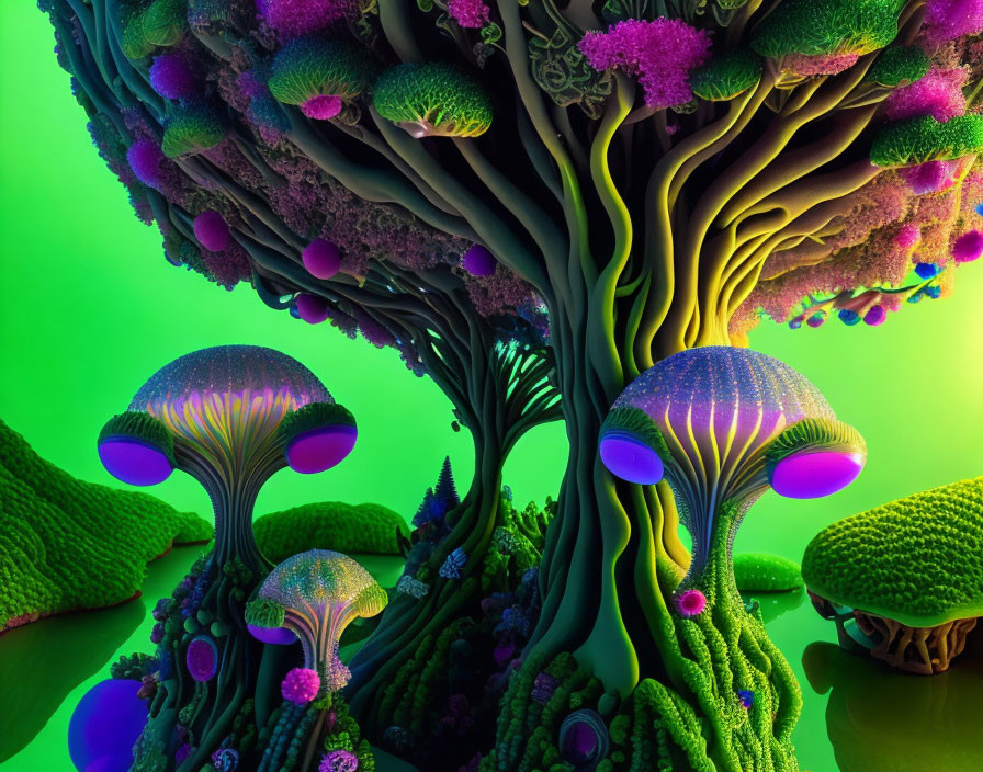 Colorful Digital Artwork: Fantastical Alien Landscape with Mushroom-like Trees