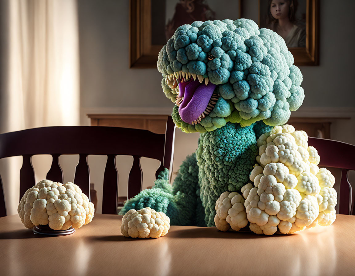 cauliflower monster glares at girl sitting at dini