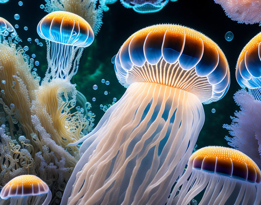 jellyfish floating in an intricate underwater worl