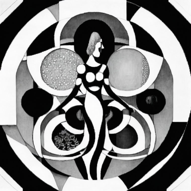escher, woman. circles, black, white, geometry