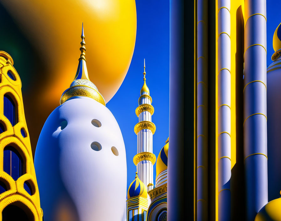 Fantastical surreal architecture with golden domes and spires against a blue sky