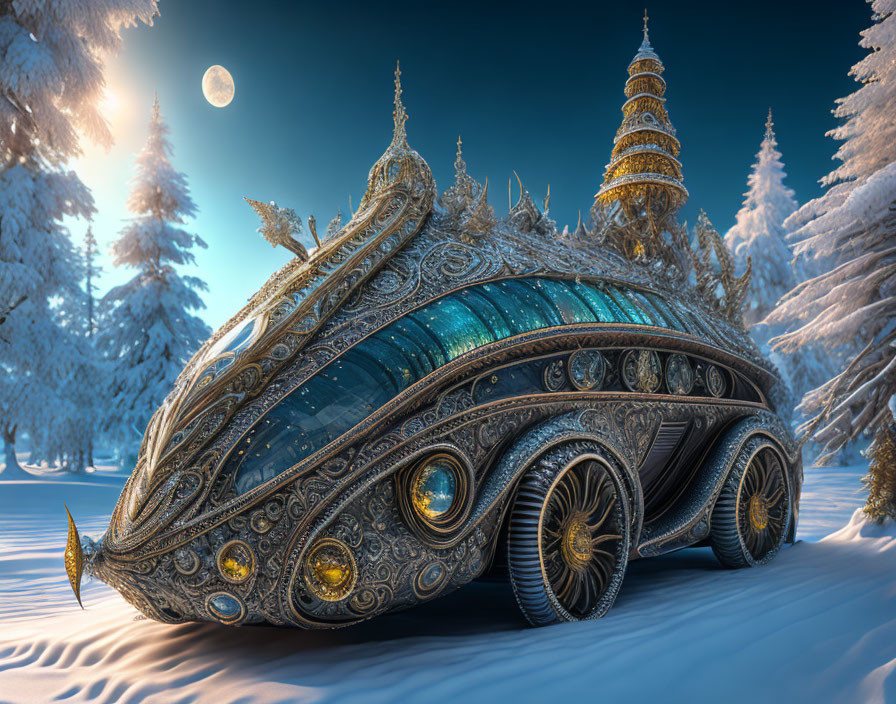 Ornate golden-patterned vehicle in snowy landscape