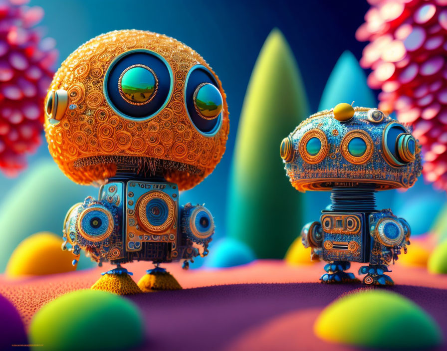 Whimsical round robots with intricate textures in colorful landscape