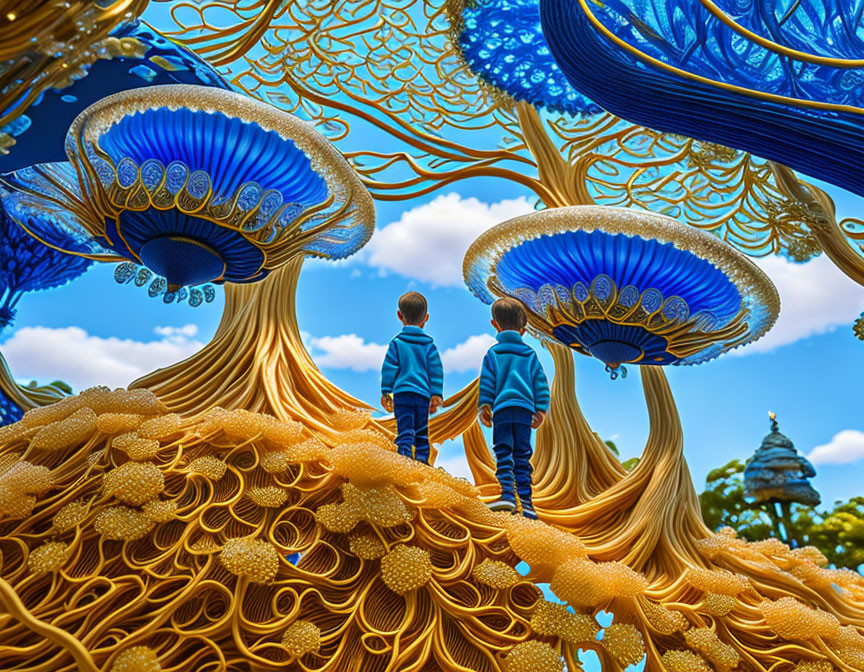 Children observing surreal mushroom structures under blue sky.