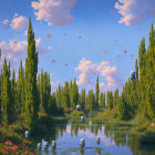 Tranquil landscape with blue sky, green trees, water, robots, and spacecraft.
