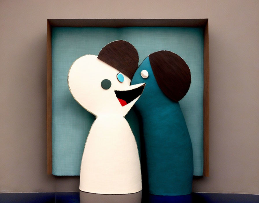 Stylized white and blue figures leaning against teal background in brown frame