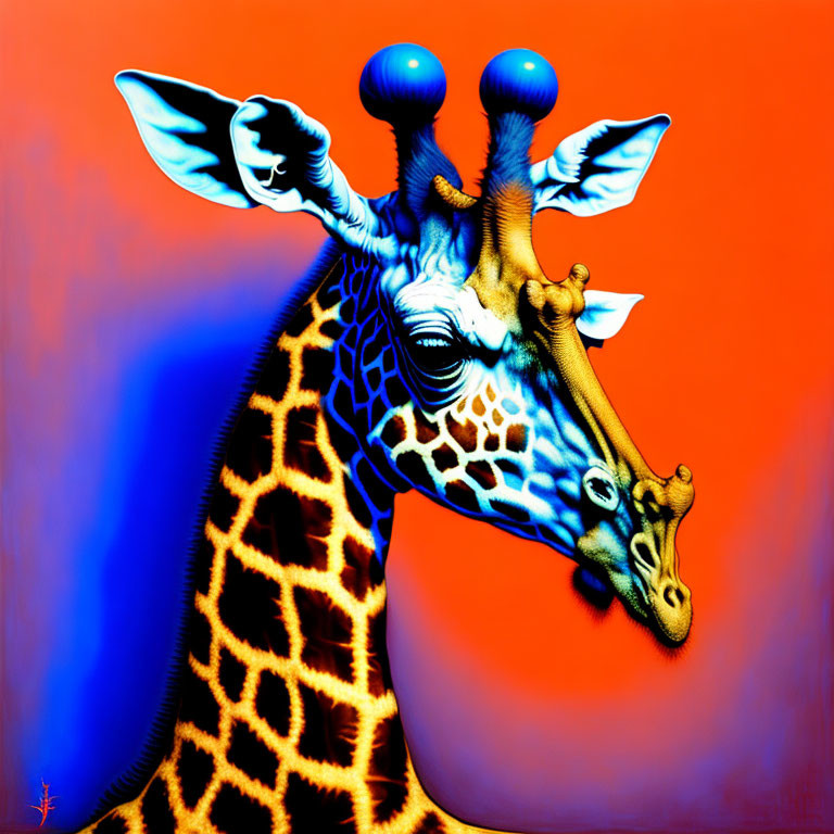 Surreal giraffe with blue eyes on stalks in orange and blue gradient.