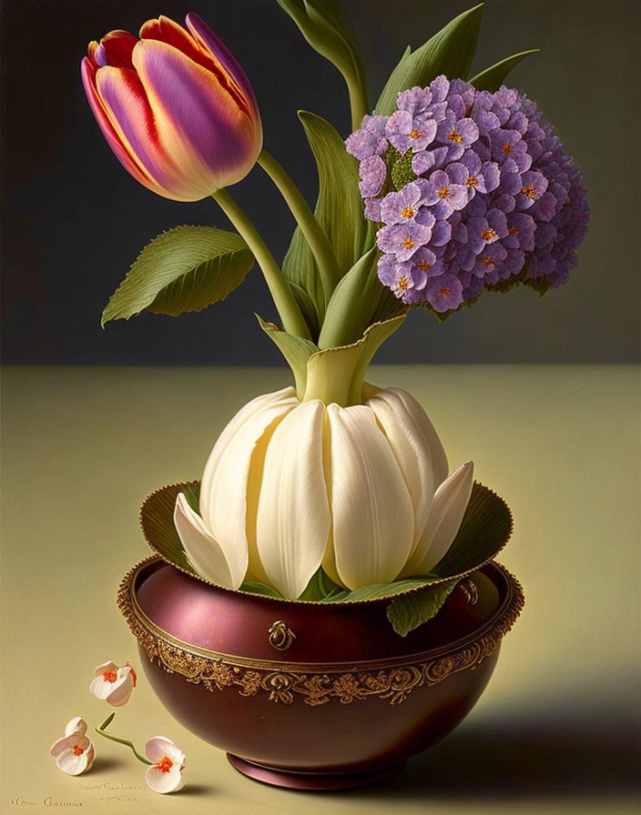 Vibrant tulips and purple hydrangea in decorative bowl with scattered petals