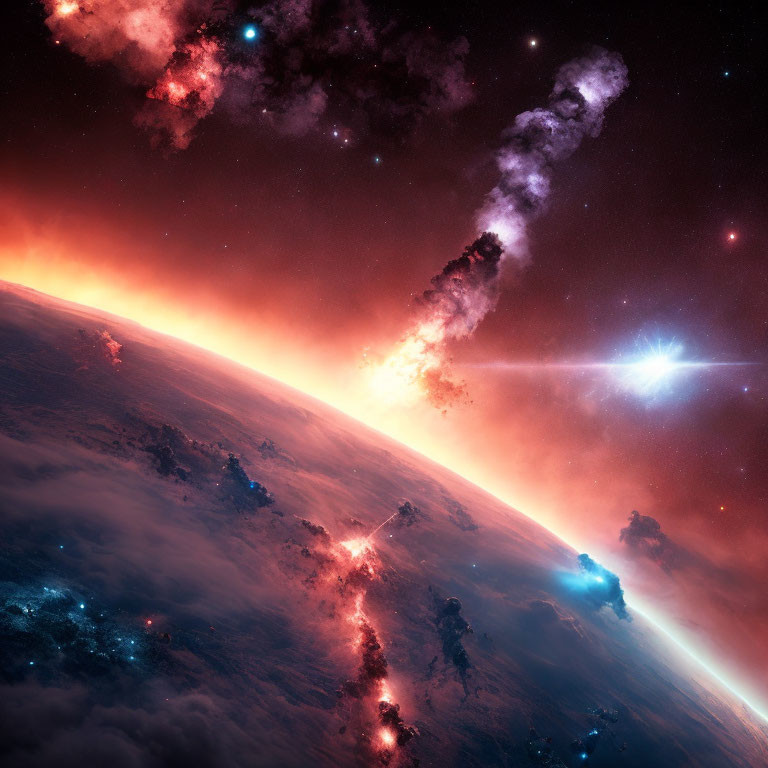 Colorful cosmic scene with planet, nebulae, stars, and celestial event