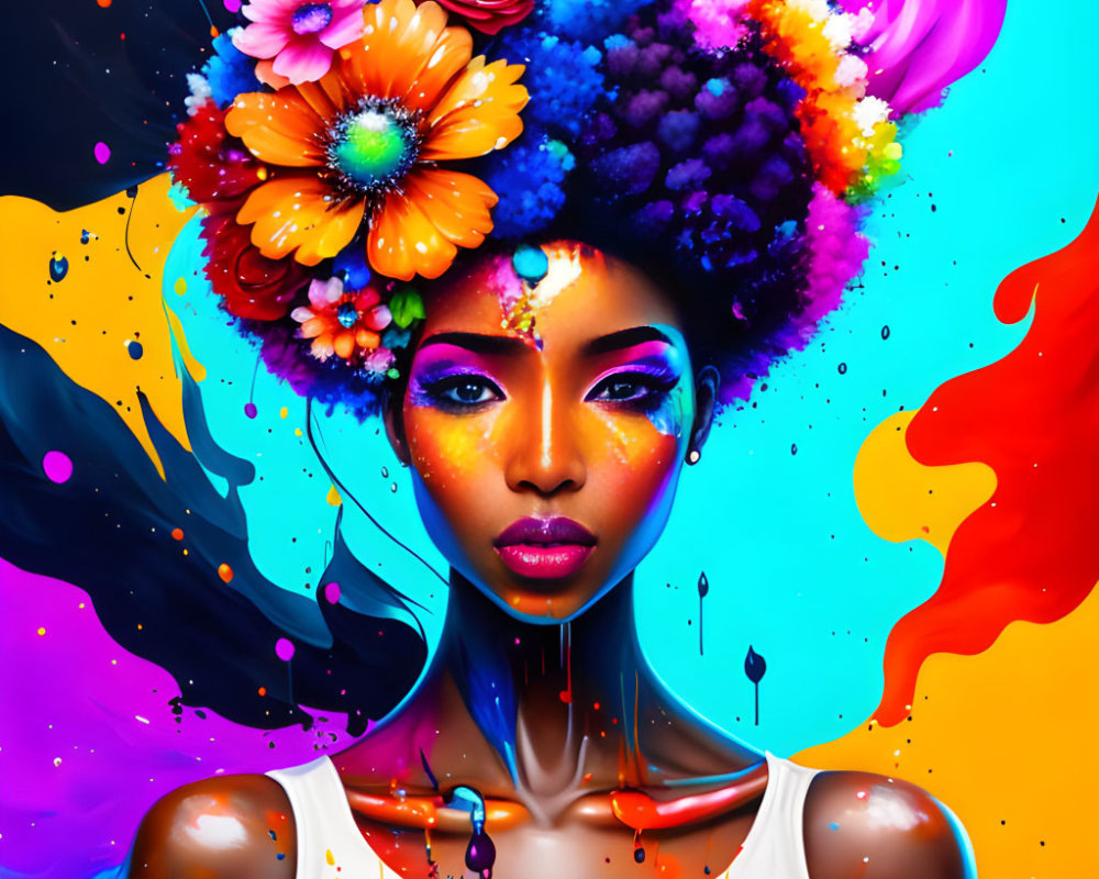 Colorful digital art featuring woman with floral headdress & vibrant makeup