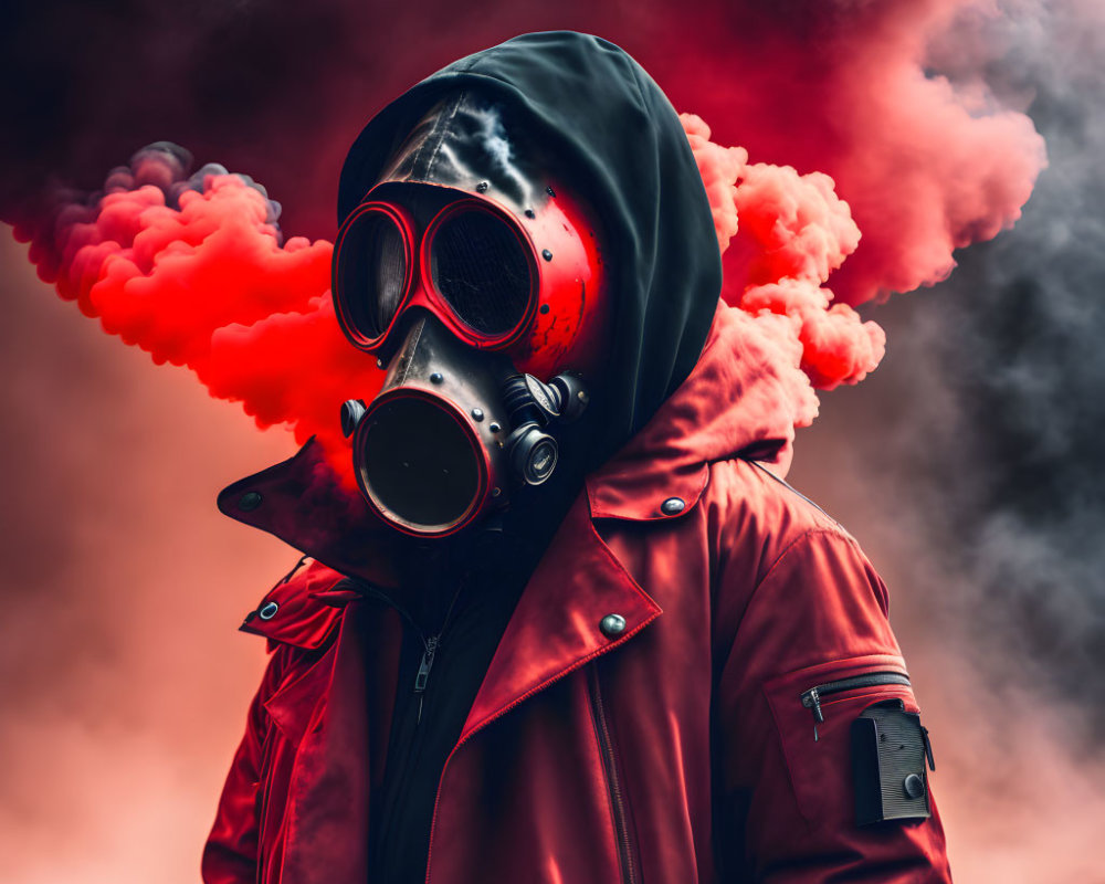 Person in gas mask and red jacket surrounded by red smoke on cloudy background