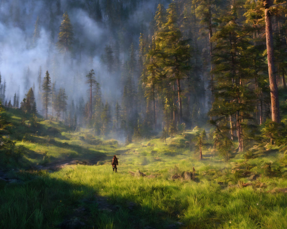 Hiker in sunlit forest clearing with swirling mist