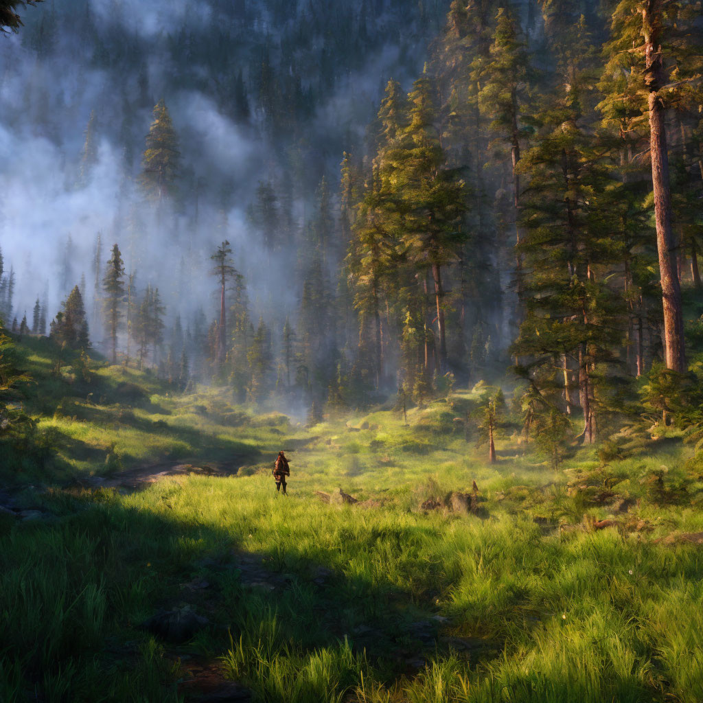 Hiker in sunlit forest clearing with swirling mist