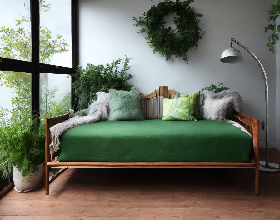 Green-themed daybed with plants, cushions, and lamp by window