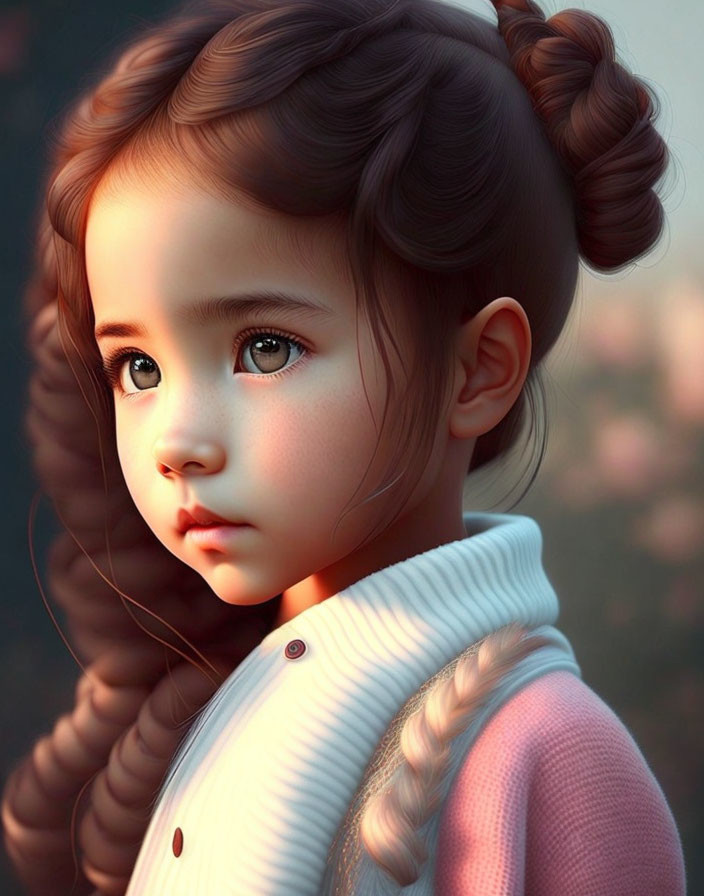 Young girl digital artwork: expressive eyes, delicate nose, full lips, braided brown hair, white