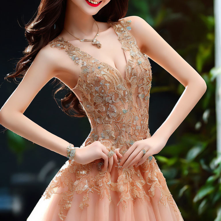 Elegant Woman in Peach Lace Dress with Accessories Smiling