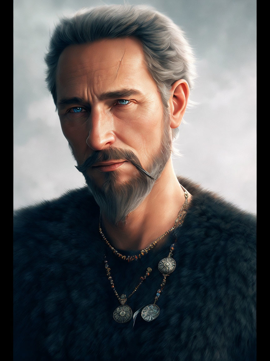 Detailed digital portrait of older man with grey beard, fur collar, and blue eyes