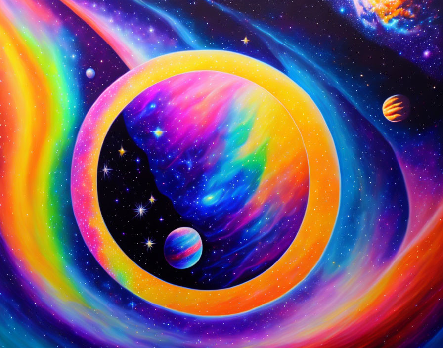 Colorful Cosmic Painting of Planets, Stars, and Galaxies in Concentric Circles